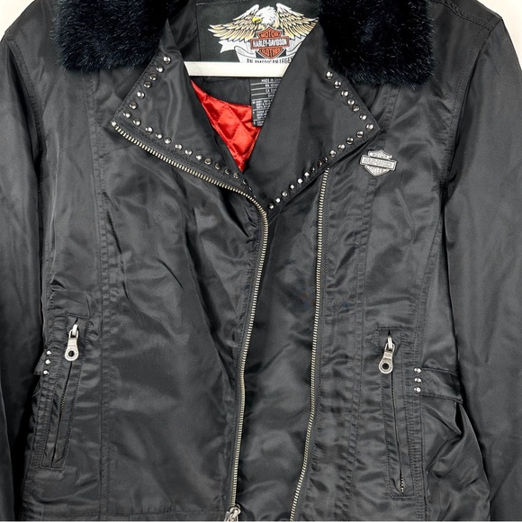 Harley Davidson Women’s Nylon Motorcycle Biker Jacket Black Cropped Small Fur - Picture 4 of 17